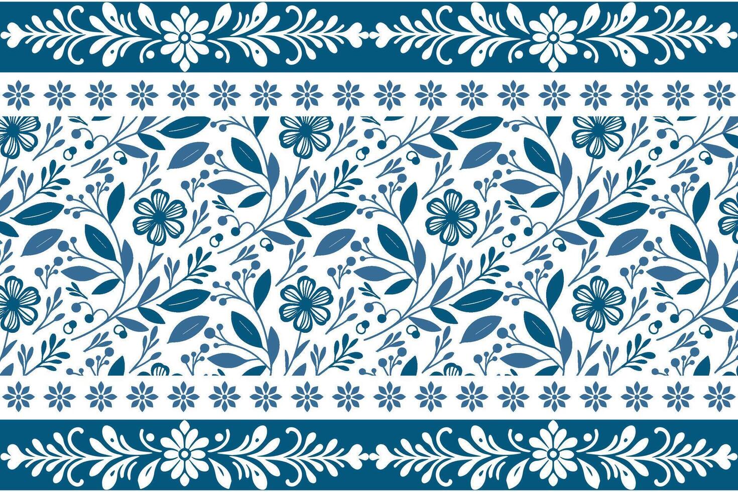 botanical illustration in blue line art showing simple petal forms and leaf details with a clean minimal border structure vector