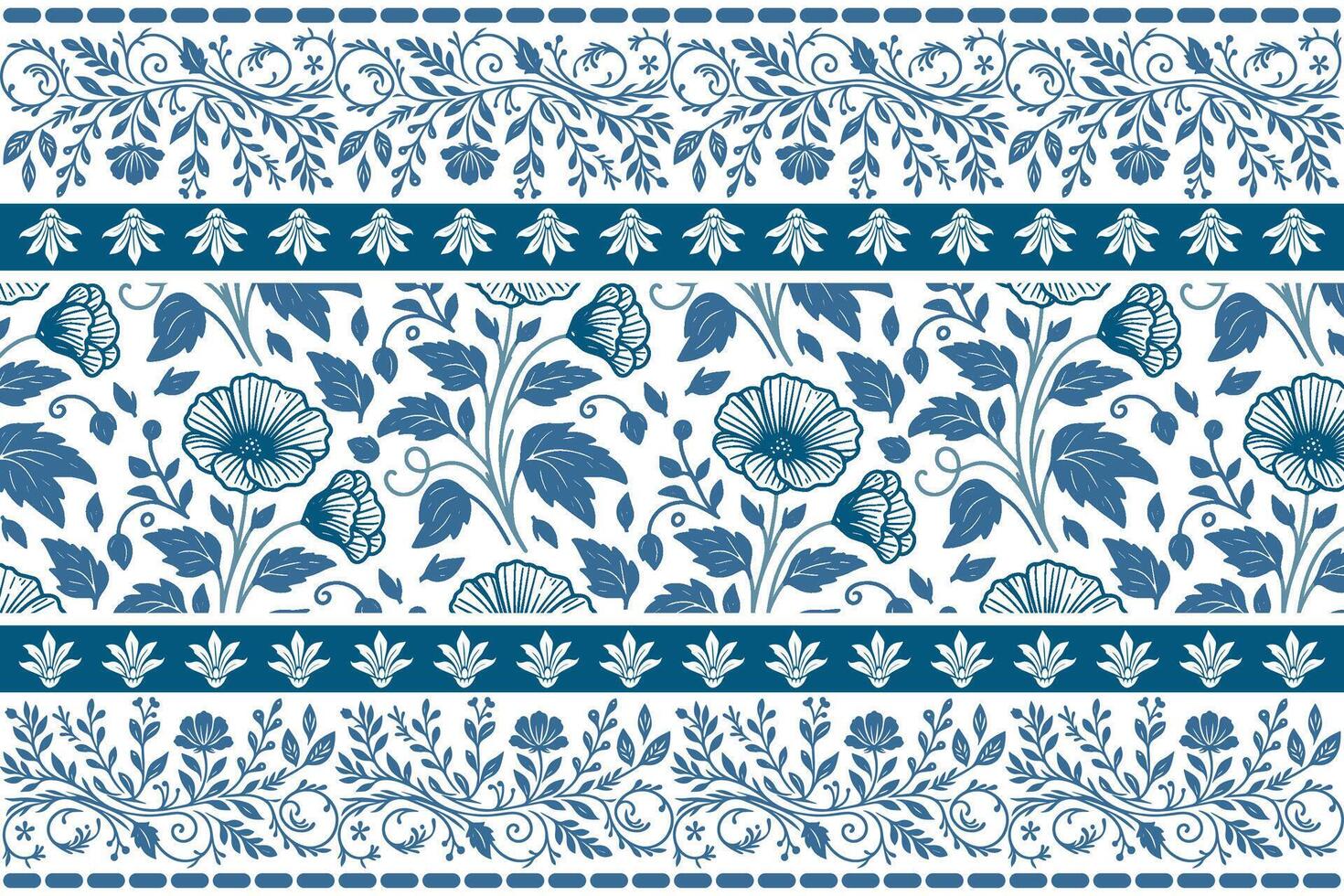 one line blue floral art with clean stems and leaf motifs framed by refined border elements for home decor textiles vector