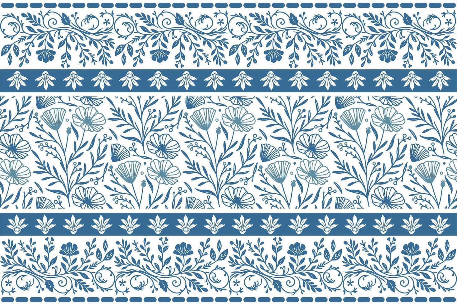 abstract floral line design with blue flower sketches arranged inside a classic embroidery style ornamental border vector