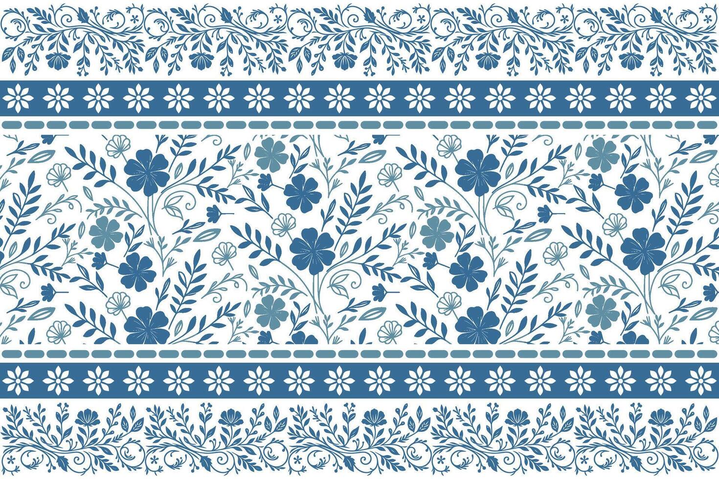 blue botanical elements in one line style forming a harmonious floral pattern with stitched look borders on white background vector