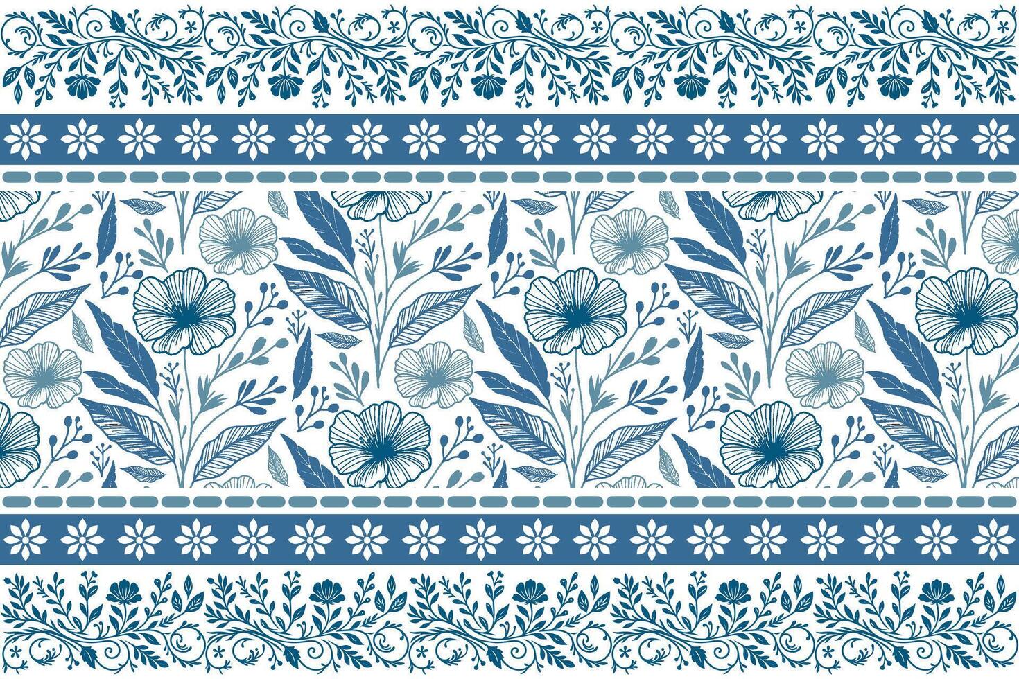 one line floral illustrations of blue flowers arranged with balance and enclosed by an ornamental linear border vector