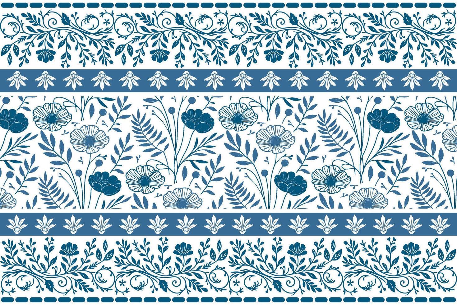 blue flower and leaf composition in single continuous line art with a detailed embroidery inspired border layout vector