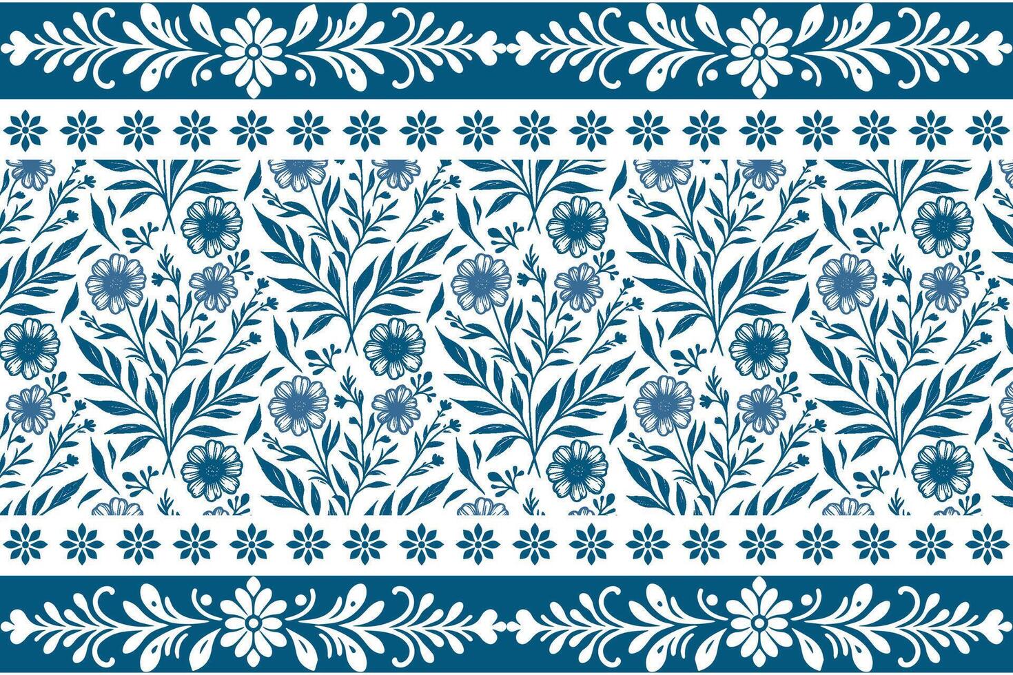 abstract botanical pattern in hand drawn blue ink with a graceful structured floral border for kitchen textile designs vector