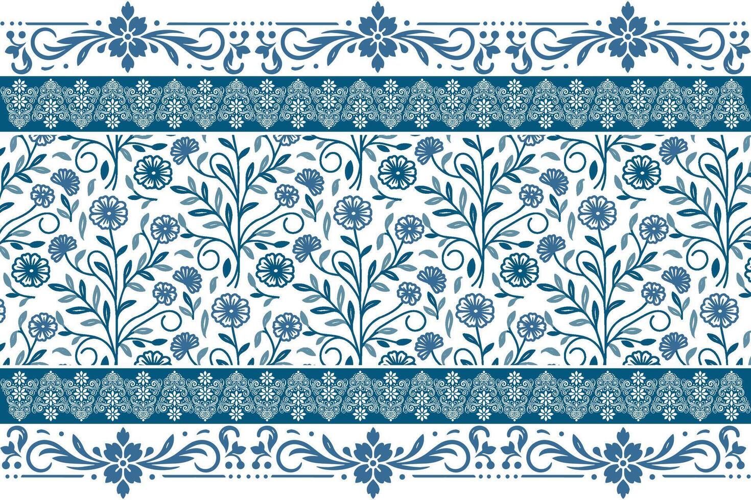 contemporary blue floral composition with linear petal sketches and an intricately crafted embroidery border edge vector