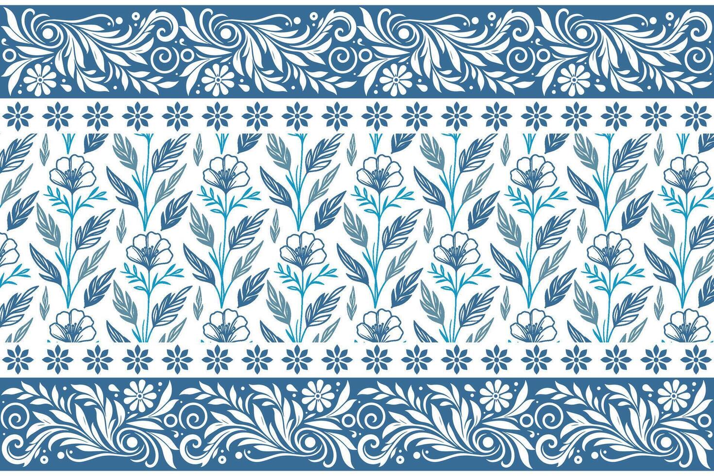 blue floral pattern featuring hand drawn single line flowers and structured ornamental border ideal for home textile design vector