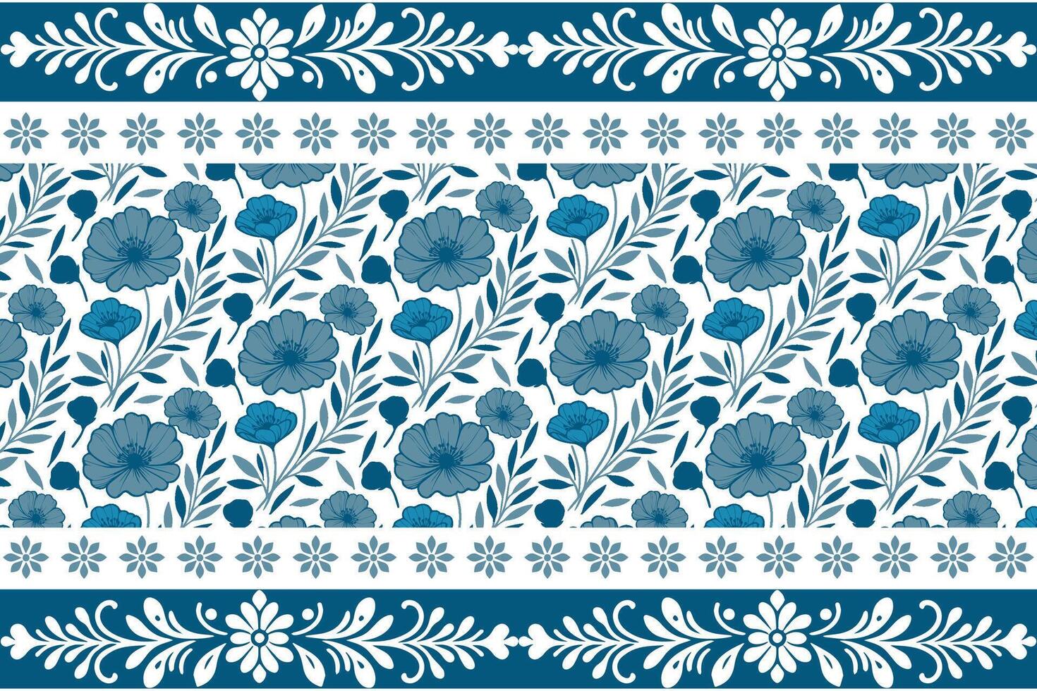hand drawn floral design in blue ink with delicate petal and leaf motifs framed by a subtle linear ornamental edge vector