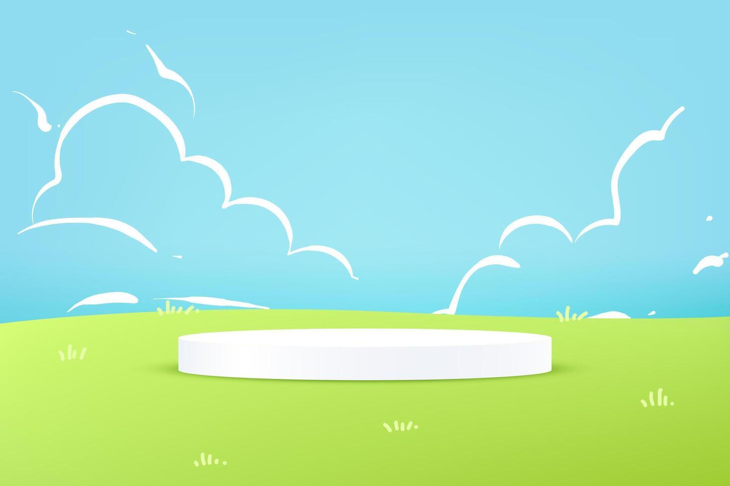 White podium platform surrounded by lush green grass under a clear blue sky space for selling products, backdrop, wallpaper, background, text. illustration. vector