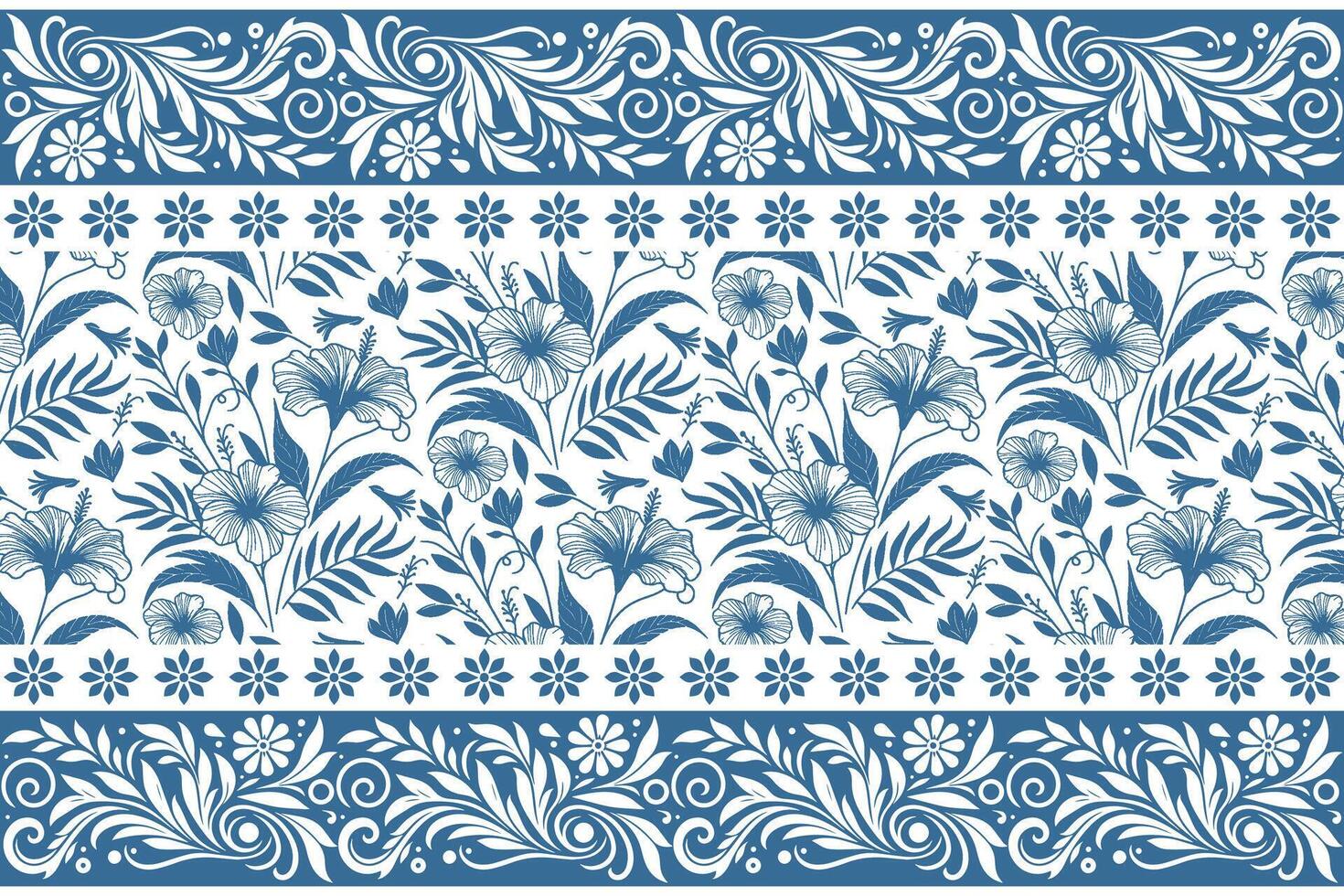 intricate blue botanical illustration with clean line petals leaves and stems enclosed in a traditional embroidery style border vector