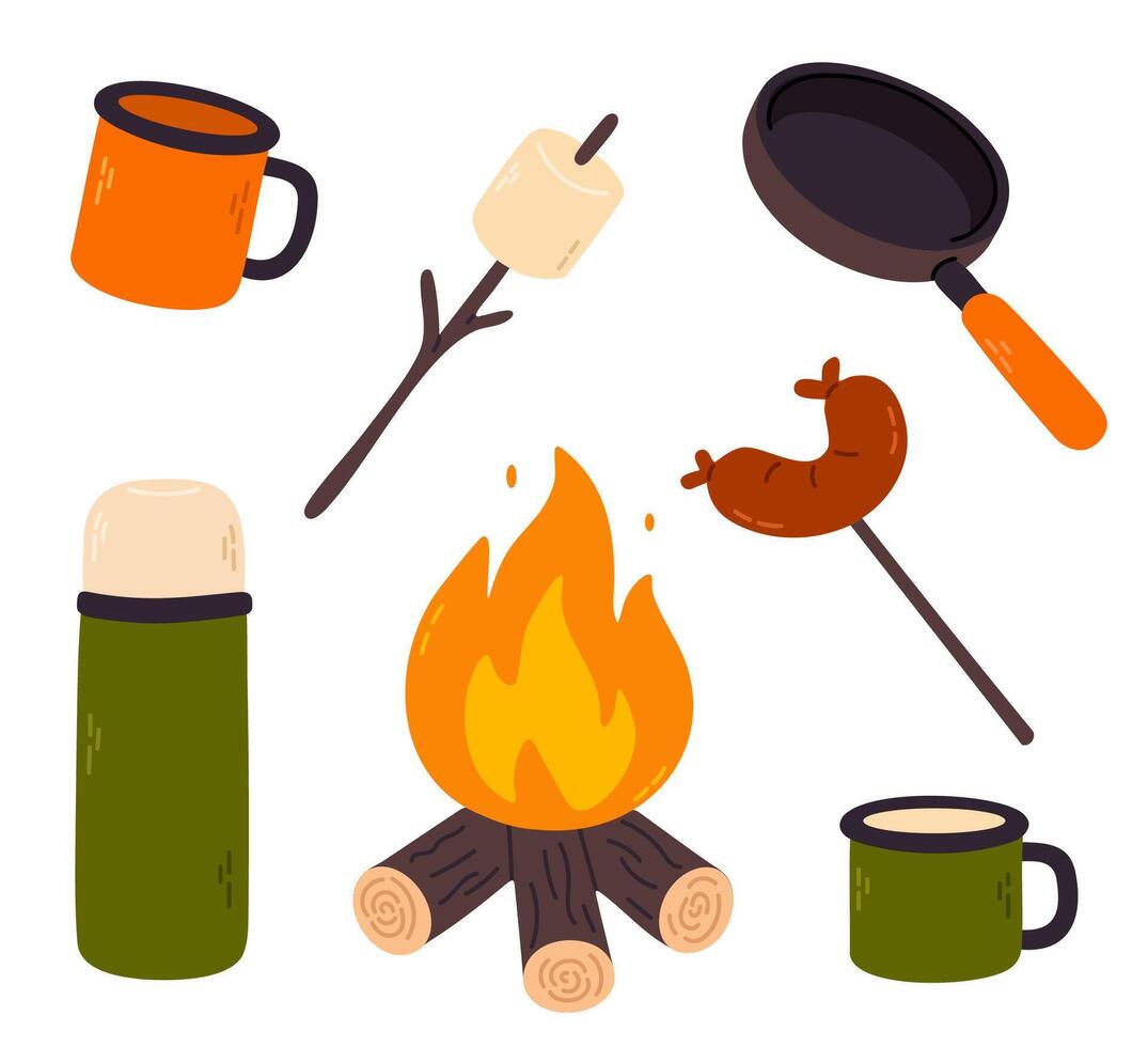 Essential camping elements including fire, thermos, mugs, frying pan, sausage and marshmallow on sticks. Perfect for outdoor designs, travel graphics and adventure themes vector