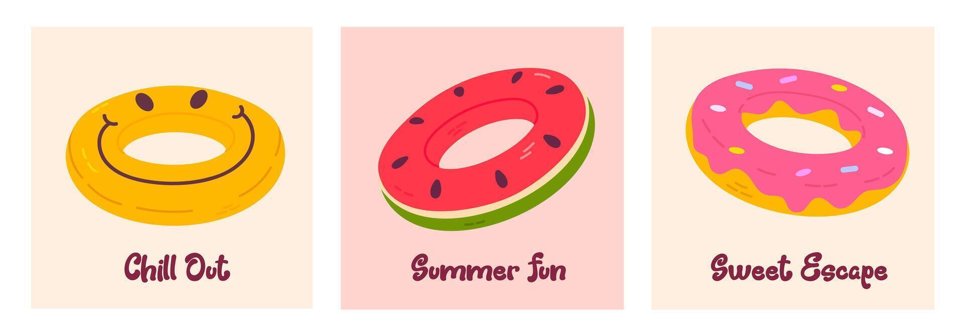 Summer greeting cards set with inflatable pool rings donut, watermelon, yellow face vector