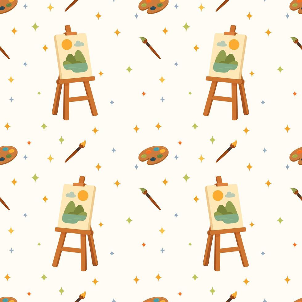 endless pattern with easel, palette, brushes and stars in pastel colors for printing, websites, textiles vector