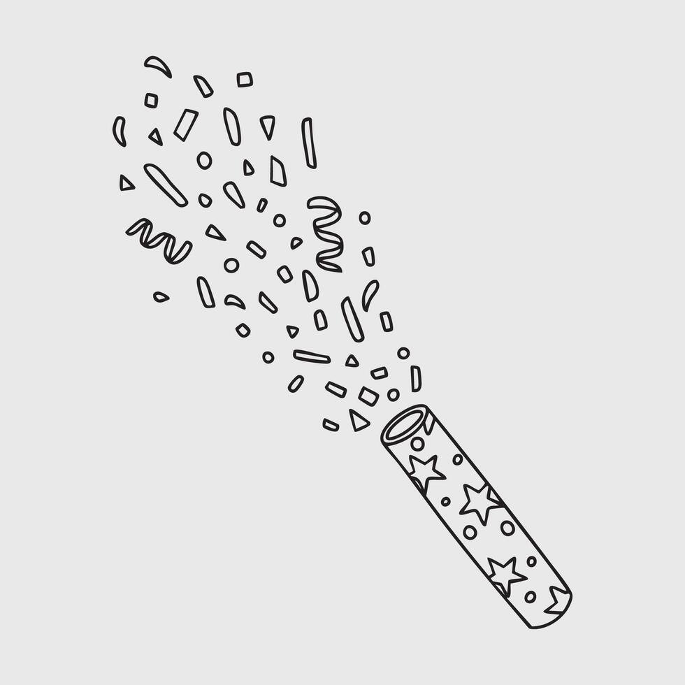Thin Line Illustration of Party Popper with Confetti and Ribbons vector