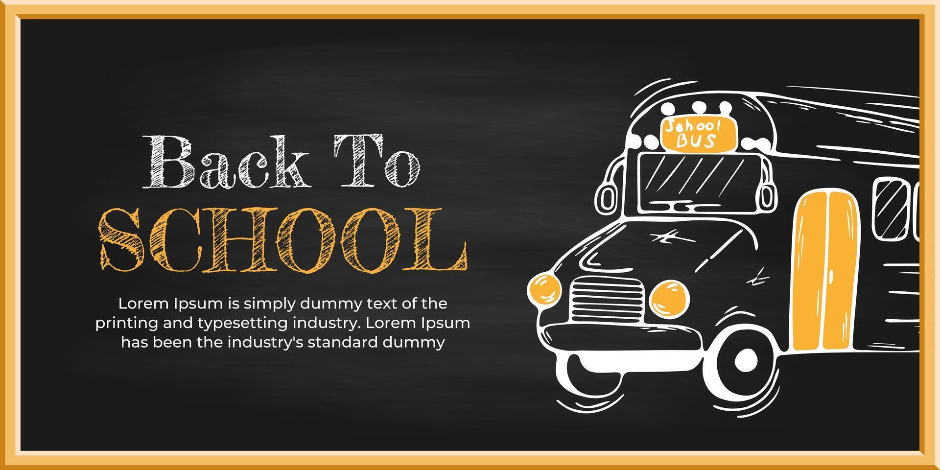 School Blackboard Background with Hand drawn Doodle School Bus, Wooden Frame and Lettering on Black Chalk or Chalkboard with Dirty Chalk Texture. Template School Background, Education Ink Icons. vector