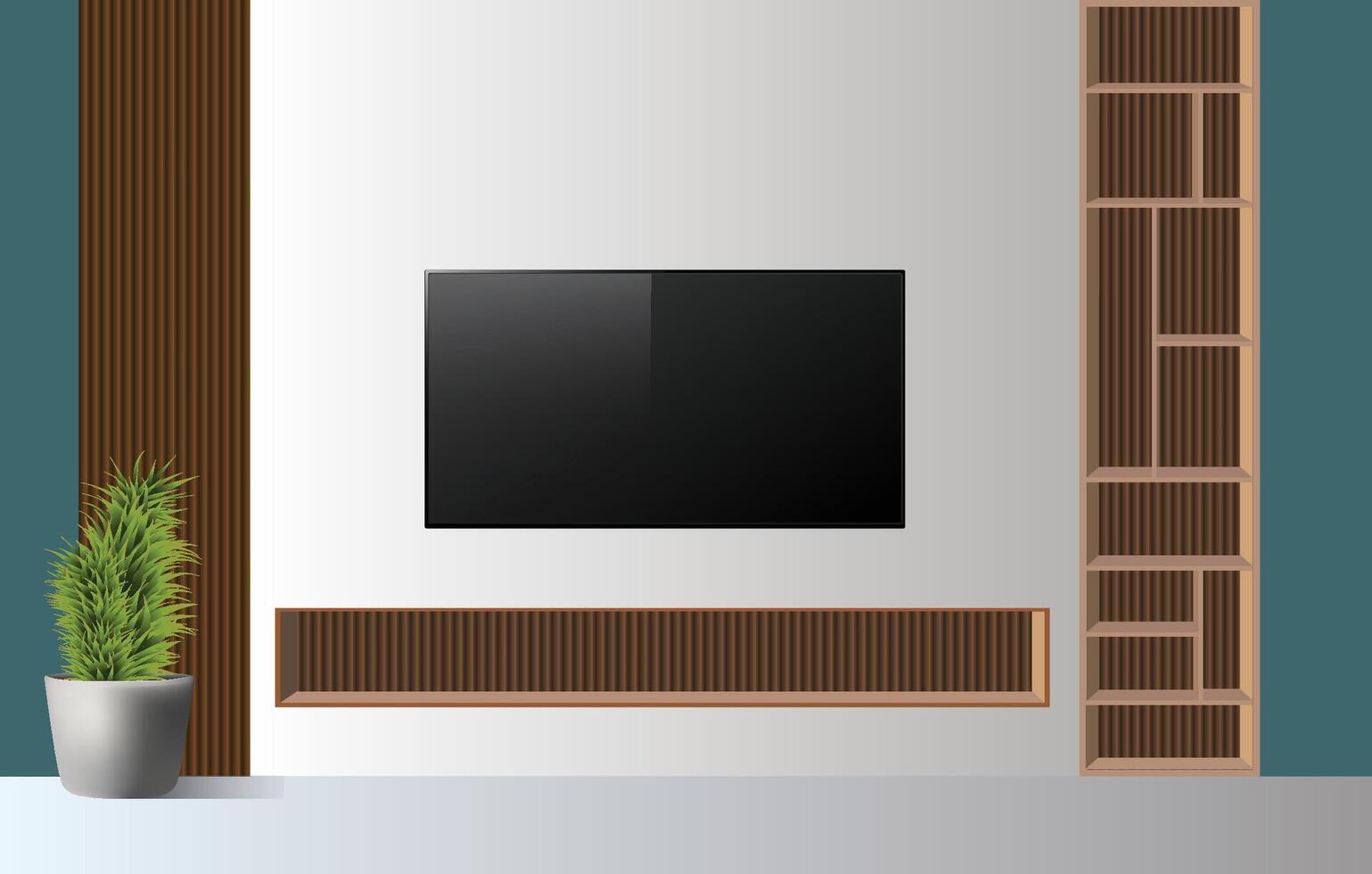 Modern living room with TV and bookshelf vector