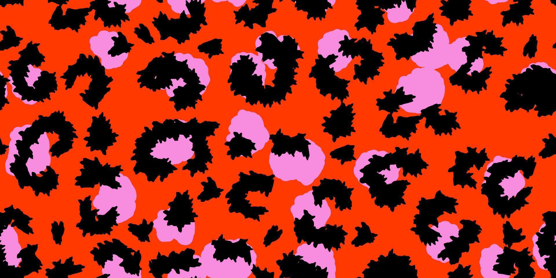 Bold seamless leopard print pattern with black and pink spots on a red background. Modern fashionable statement designs for digital paper, kids apparel, trendy textile vector