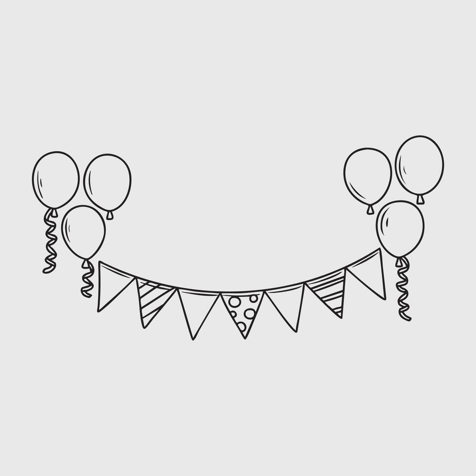 Balloons and Pennant Banner Party Decoration. Thin Line Illustration. vector