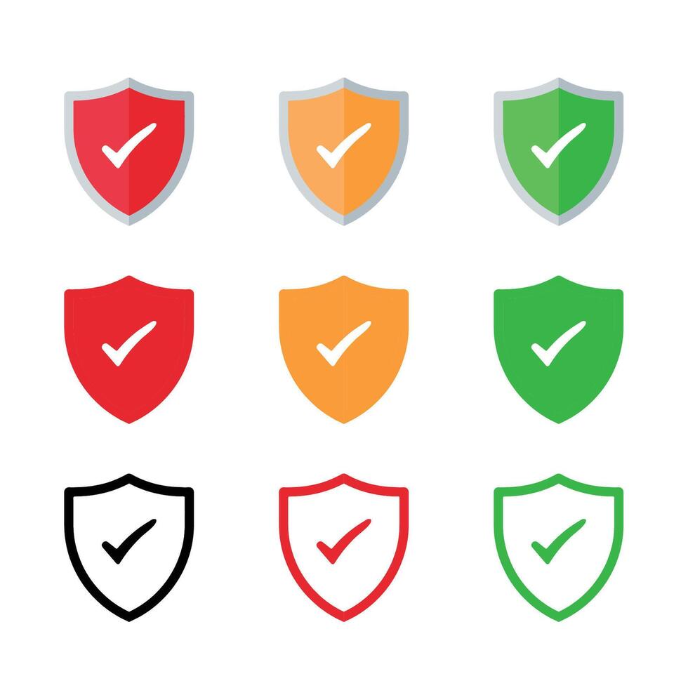 Shield check mark icon set. Protection approve sign. Safe icon collection with green, orange and red color vector