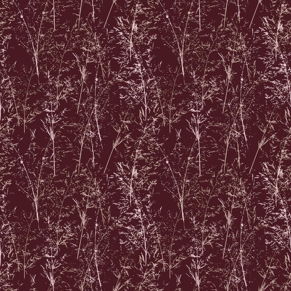 Elegant seamless pattern with delicate sketch style grass and wild floral stems in deep brown tones. Nature ornament for fabric, stationery, wallpaper, packaging vector