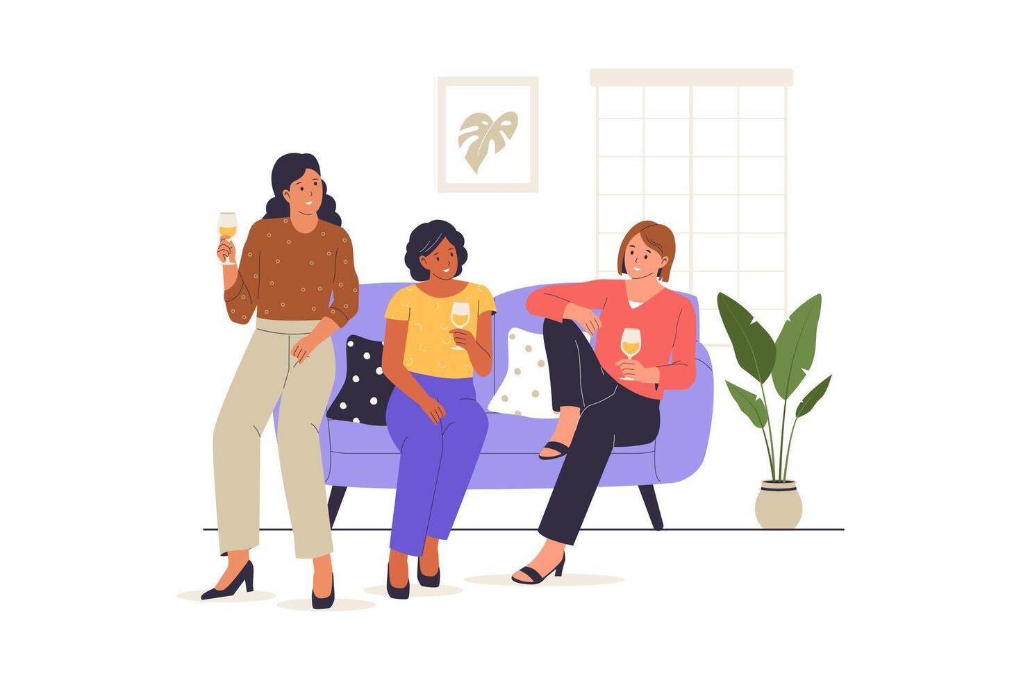 Entertaining Friends Illustration with Women Chatting and Drinking at Home vector