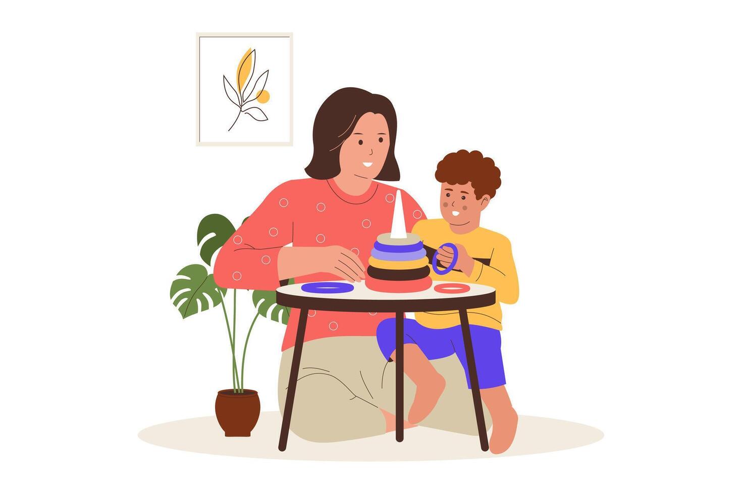 Child Care at Home Illustration of Mother Playing with Kid Using Educational Toys vector