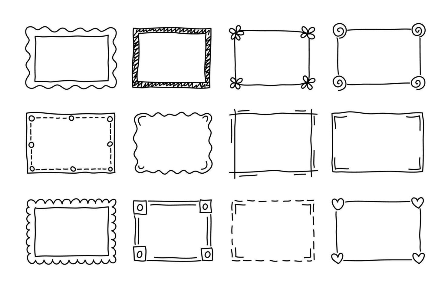 Set of hand drawn doodle frames, cute black and white sketch borders for design, simple illustration elements collection. vector