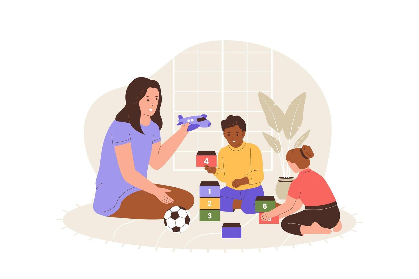 Home Child Care Illustration with Kids Playing Educational Toys and Parent Supervision vector