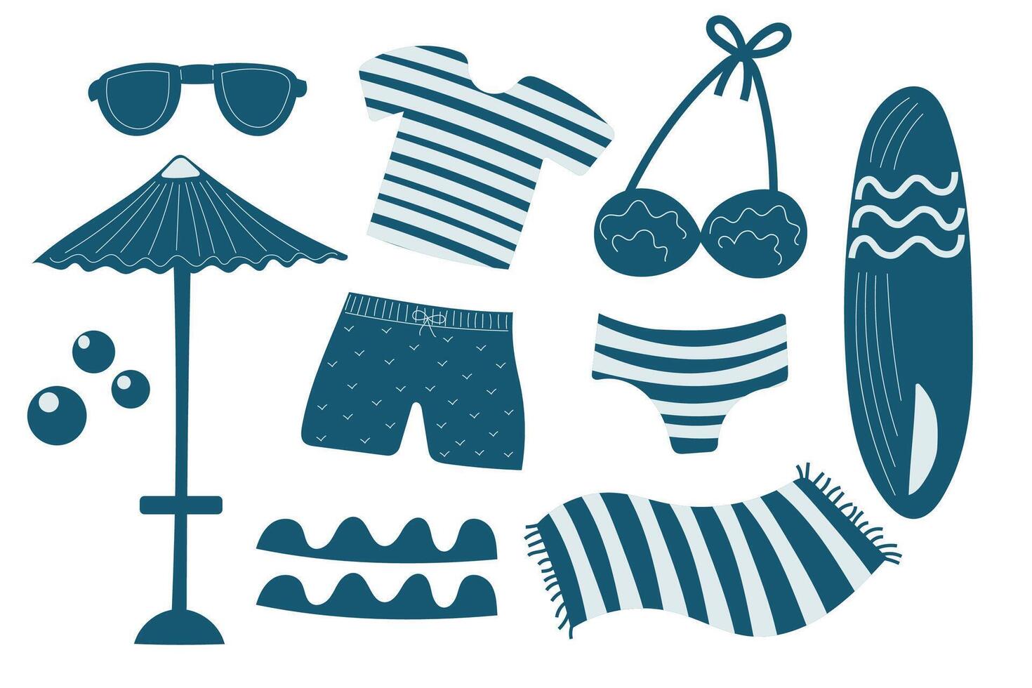 Summer beach collection featuring striped swimwear, surfboard, and beach accessories for sunny adventures. vector