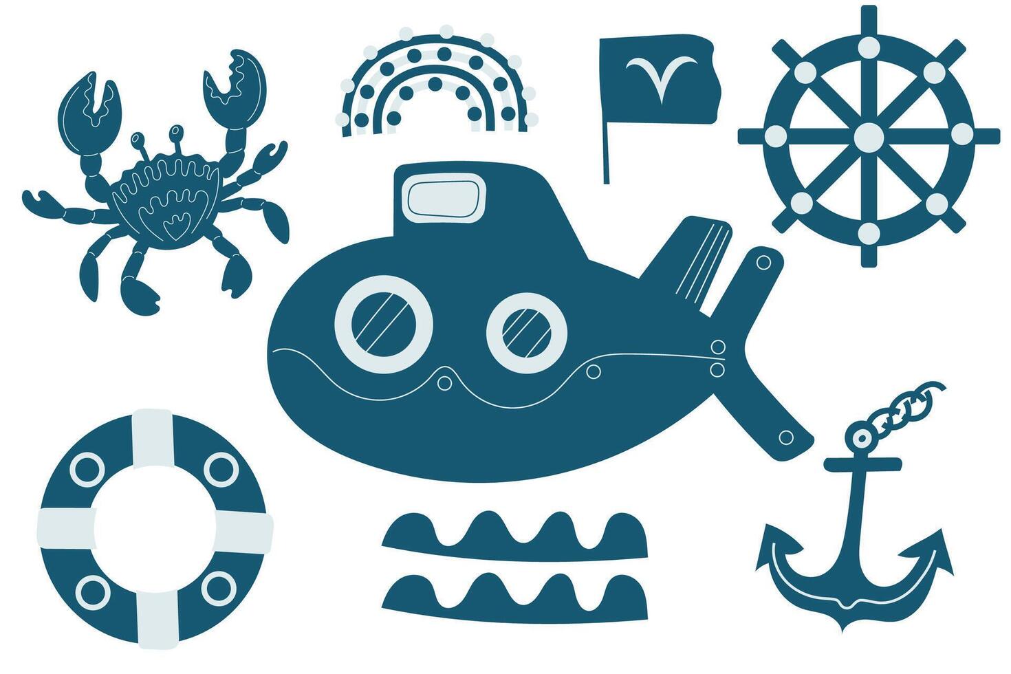 Fun underwater themed illustrations featuring a submarine, maritime symbols, and sea creatures in a colorful design. vector