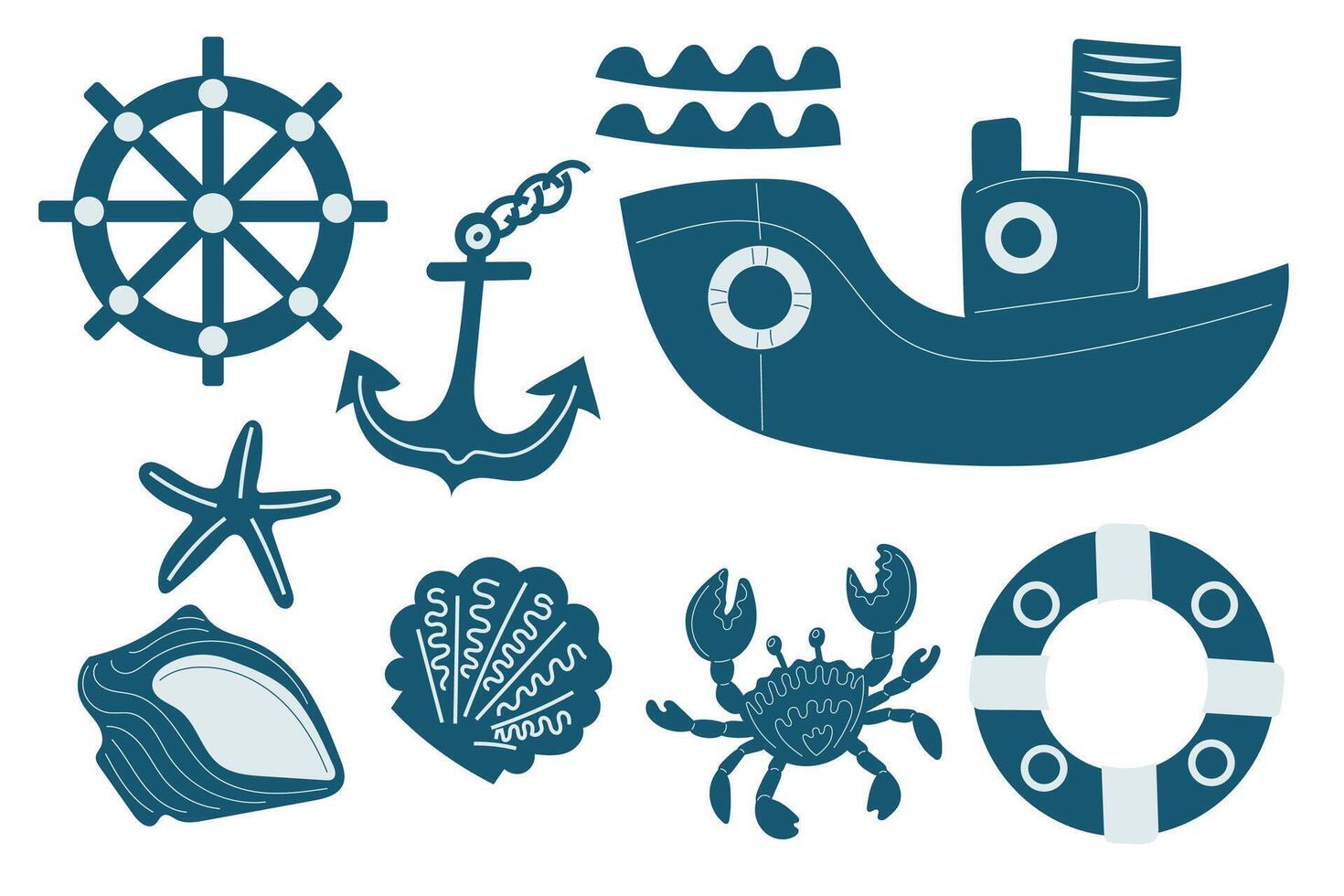 Marine-themed illustrations featuring nautical elements such as a boat, anchor, and sea creatures. vector