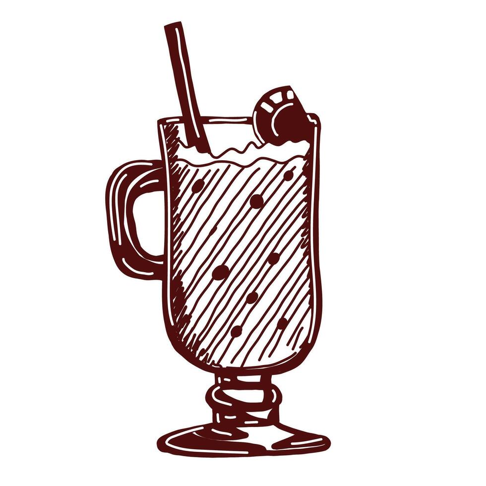 Black and white illustration of a warm chocolate drink with marshmallows and a straw. Hand-drawn in doodle style. Perfect for coloring pages, stickers, cafe menu design, prints vector