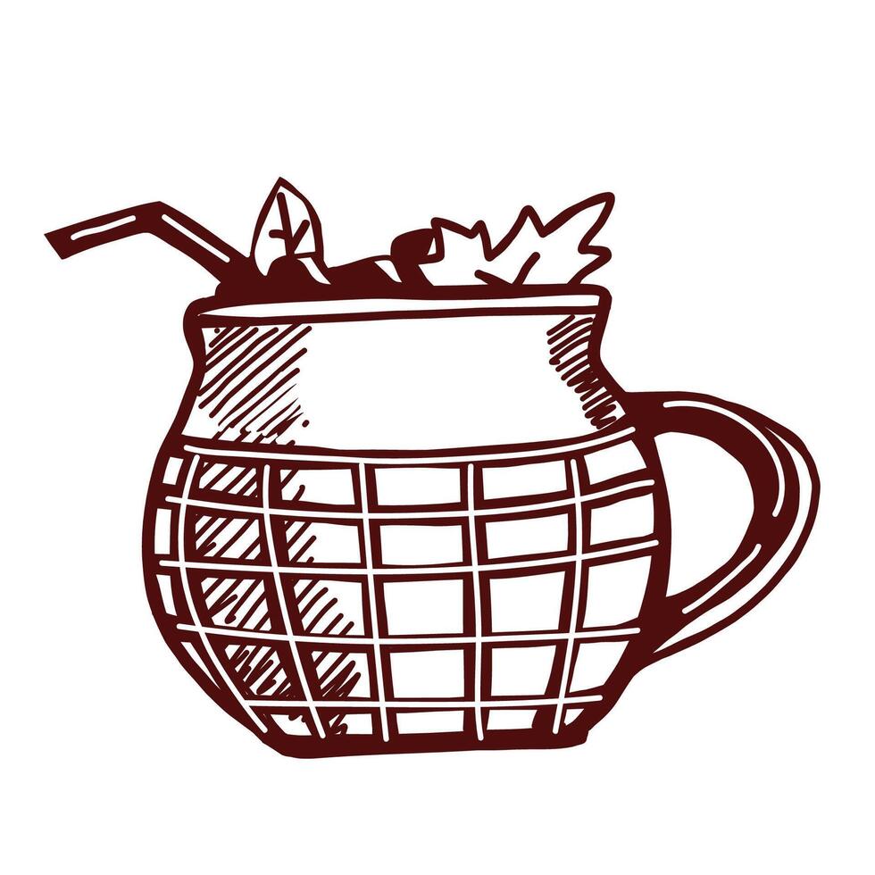 An autumn drink in a mug decorated with autumn leaves and marshmallows. Cozy seasonal beverage illustration. Hand-drawn sketch. vector