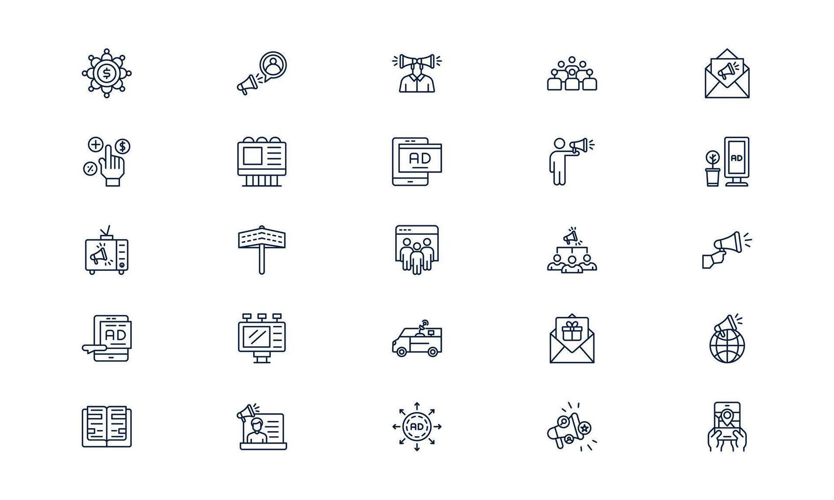 Advertisement icon illustrating promotion and marketing strategy in clean digital outline style vector
