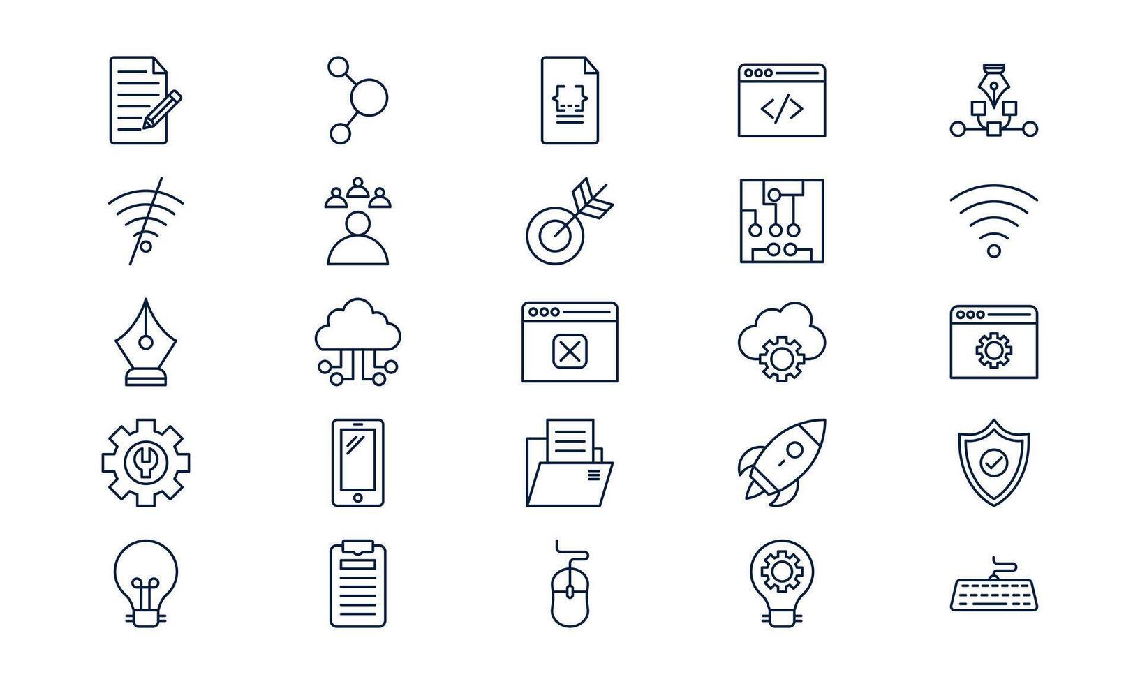 Web development icon representing coding, website creation, and digital interface design in outline style vector