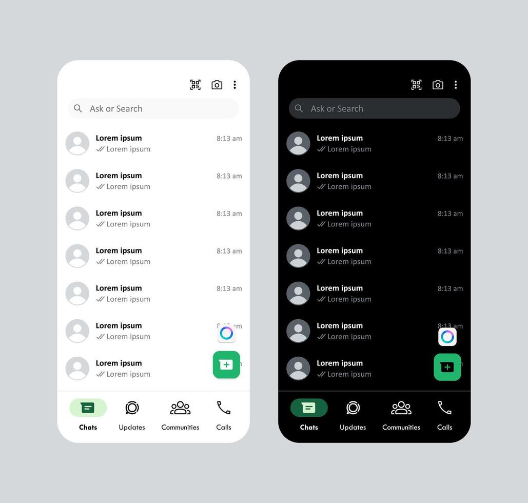 Chatting application light and dark theme user interface mockup template. Social network chat messaging app blank home page layout illustration vector