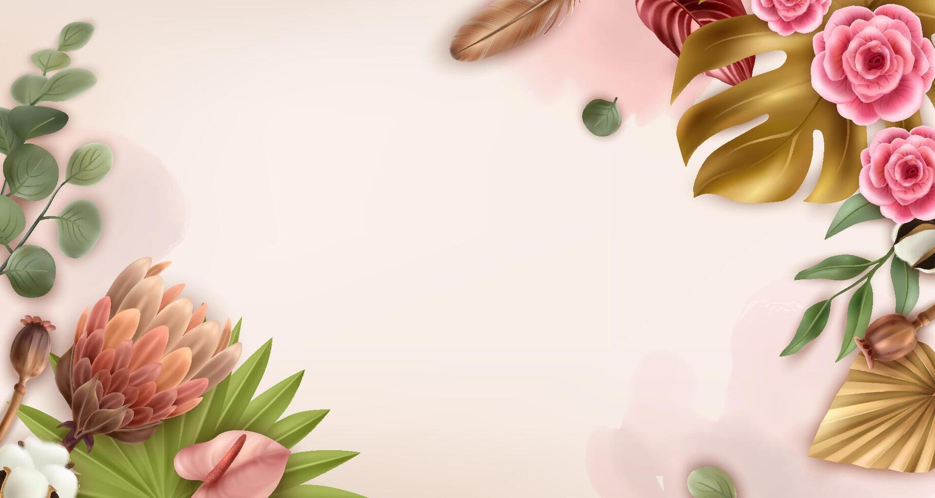Realistic Floral Boho Background Autumn Leaves vector