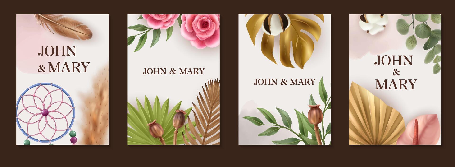Boho Realistic Wedding Invitation Vertical cards Set vector