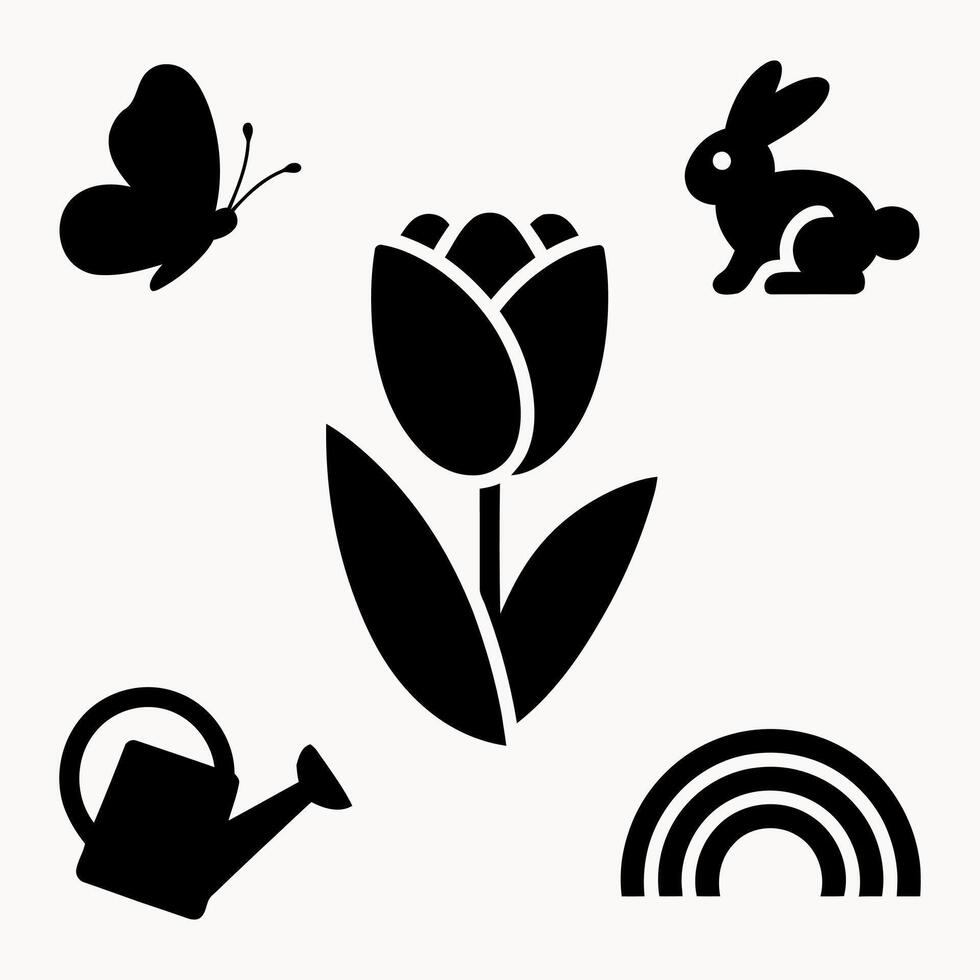A collection of simple black and white springtime icons featuring a tulip, butterfly, rabbit, watering can, and rainbow, perfect for spring-themed designs. vector