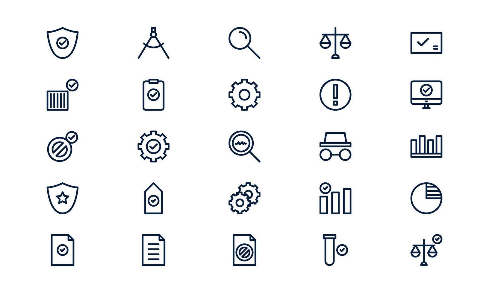 Quality control icon depicting inspection, standard assurance, and precision process in outline style vector