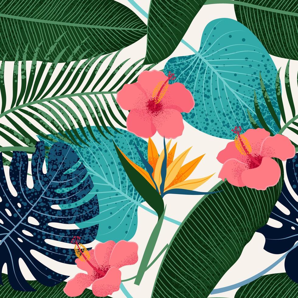 Tropical Leaves and Hibiscus, and Strelitzia Flowers seamless pattern. Bright Summer backgroun vector
