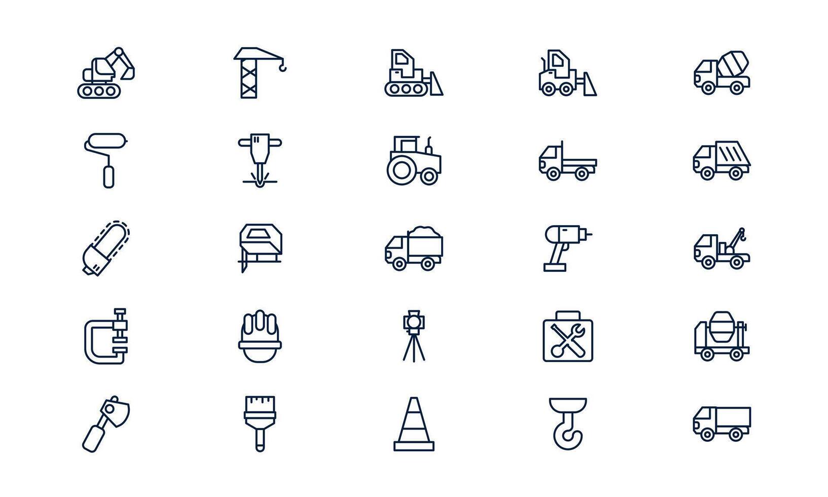 Construction icon illustrating building structure, development process, and engineering tools in outline style vector