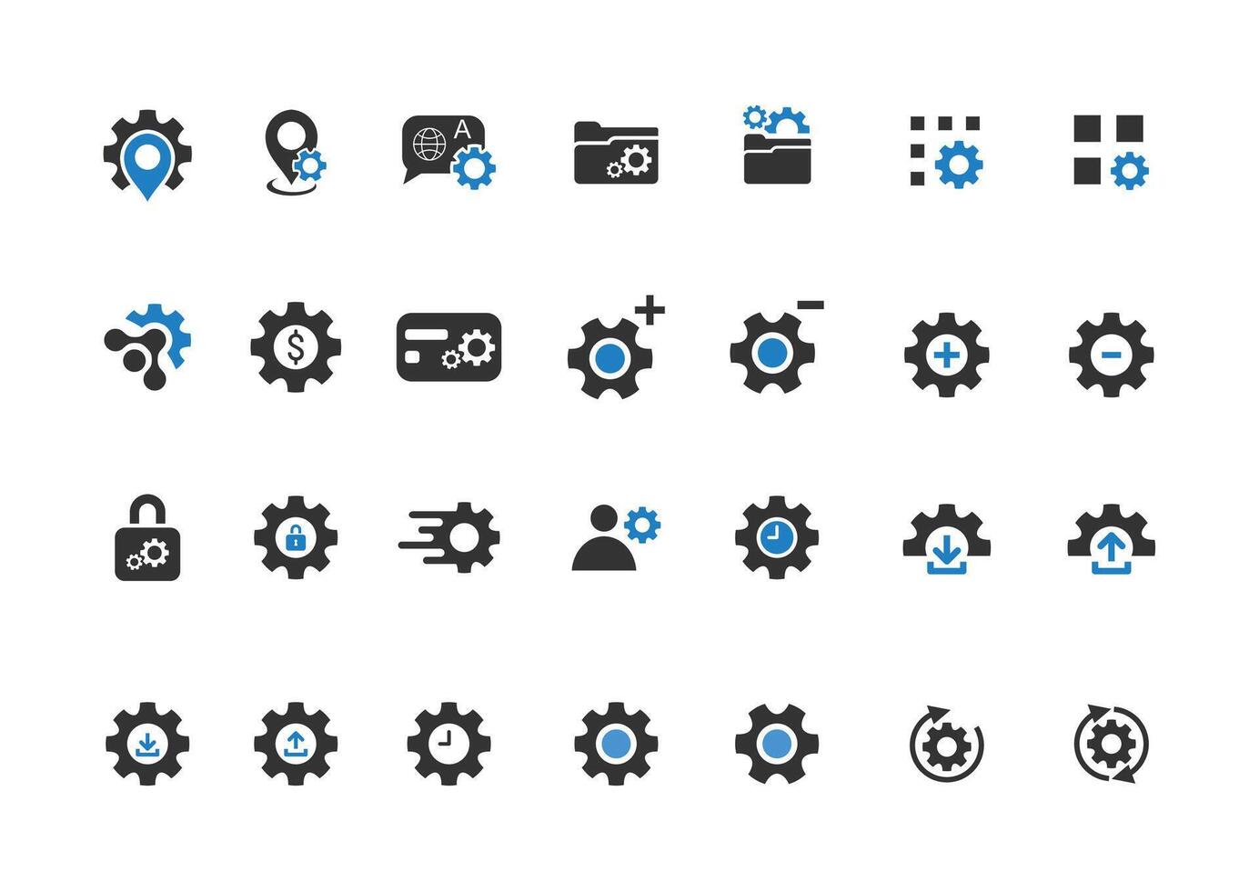 Modern Gear and Settings Icons Set, Flat Black and Blue UI Configuration Symbols for Technology, Software, App Interface, Security, Cloud Upload Download, and Preferences vector