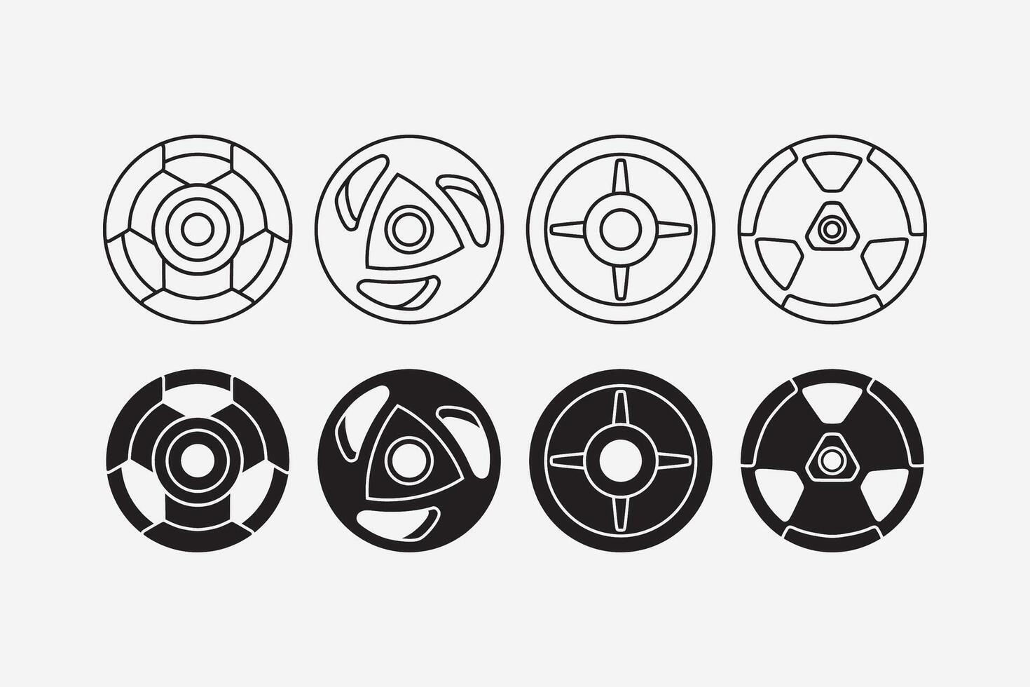 Weight plates gym equipment line icon set. Weight plate fitness tool silhouette collection. Fitness, gym, weight training, body care, bodybuilding, workout, weightlifting. illustration. vector