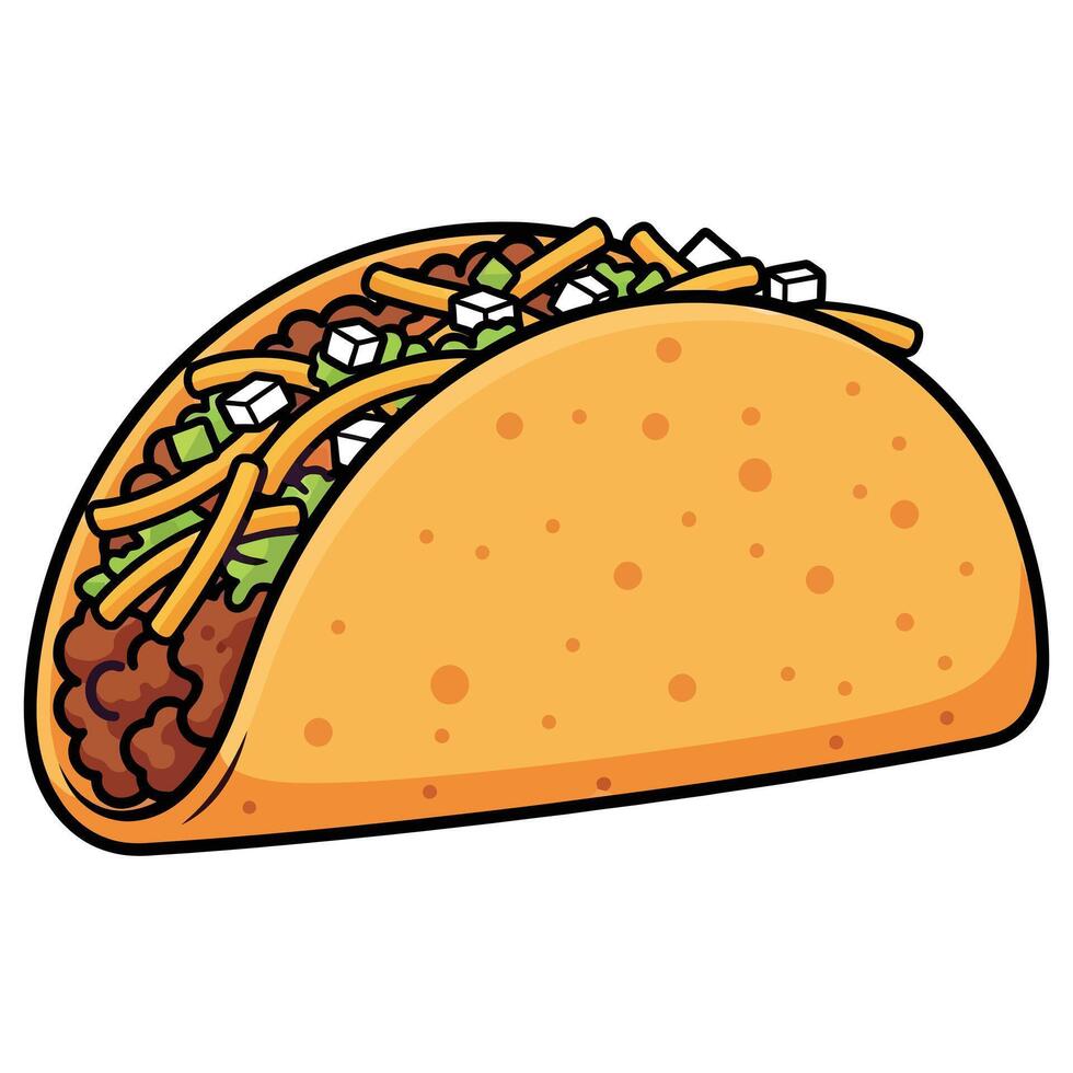 Cartoon Taco Filled with Ground Beef, Lettuce, Cheese, and Crispy Strips vector