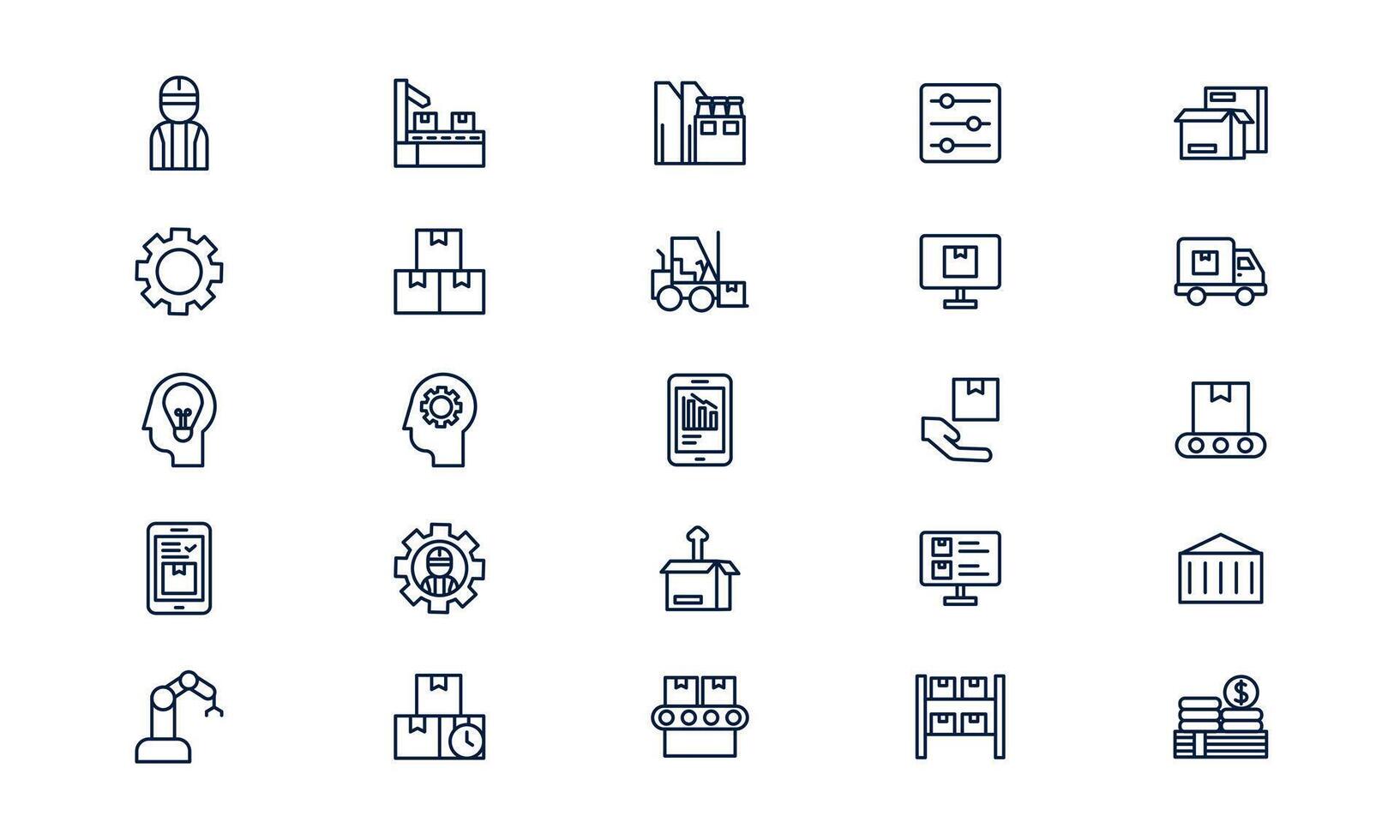 Mass production icon illustrating automated manufacturing and large-scale industrial process in outline style vector