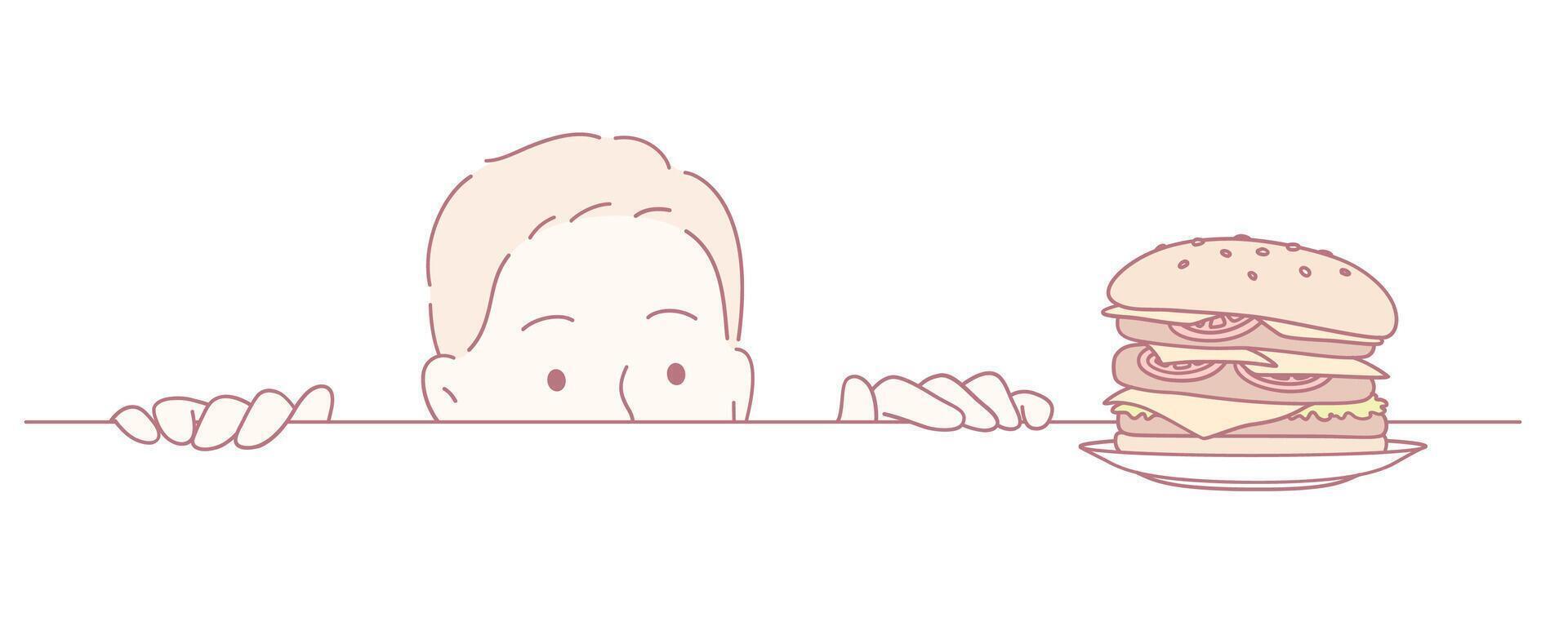 A Curious Young Child Peeking at a Delicious and Juicy Hamburger with Excitement and Joy vector