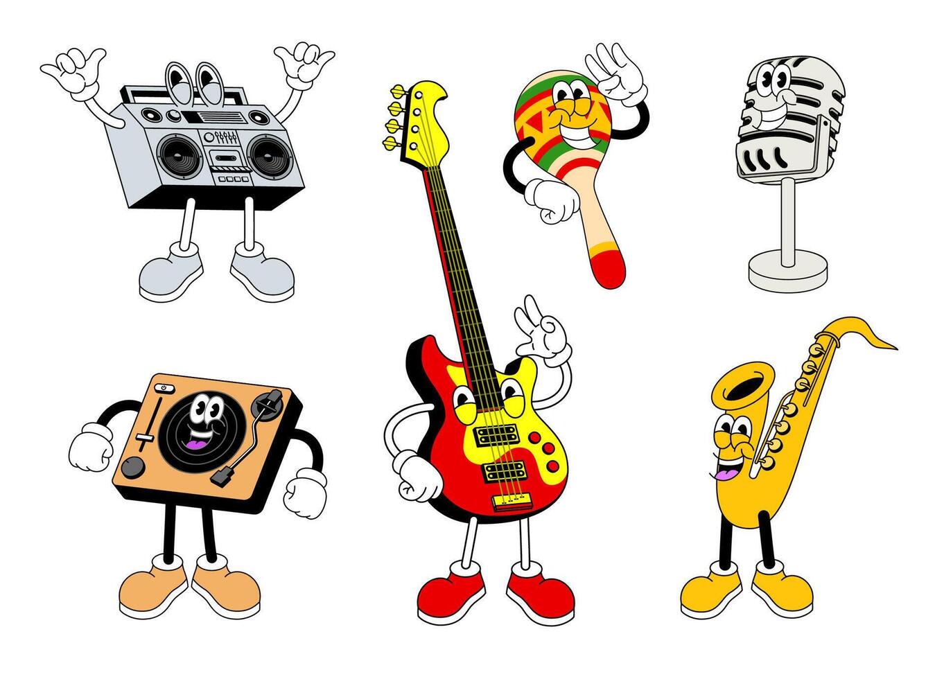Collection Of Happy Music Instrument Character vector
