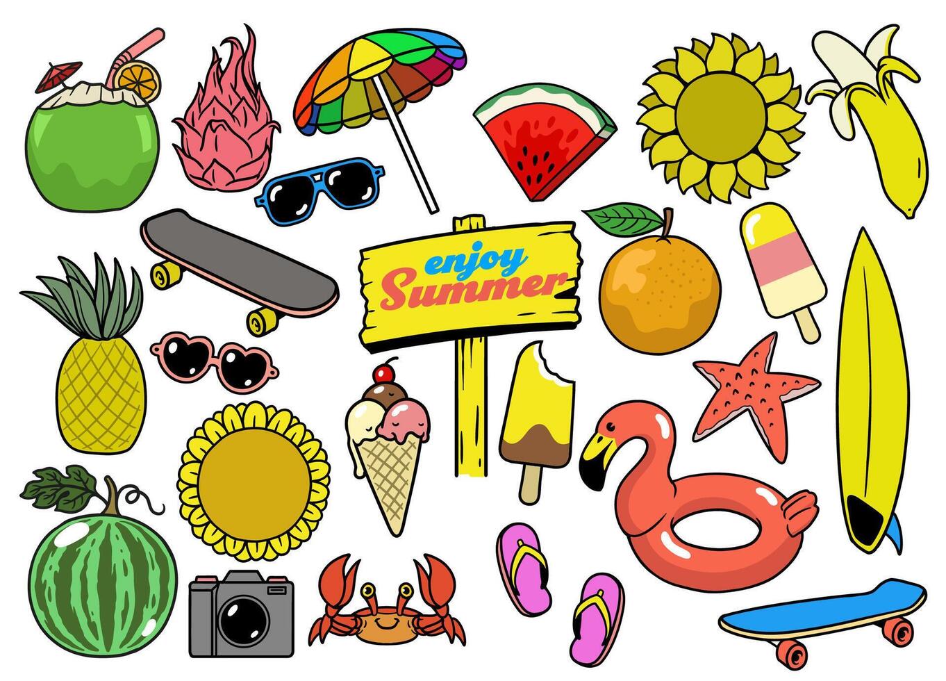 Collection Of Summer Vacation Element Illustration in Retro vector