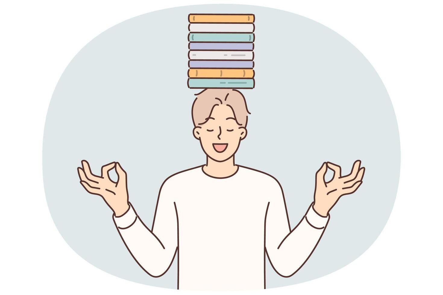 Meditating man with books on head stands maintain balance between study and rest vector