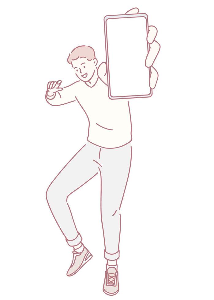 An Excited Young Man is Enthusiastically Showing His Smartphone in a Trendy Pose and Style vector