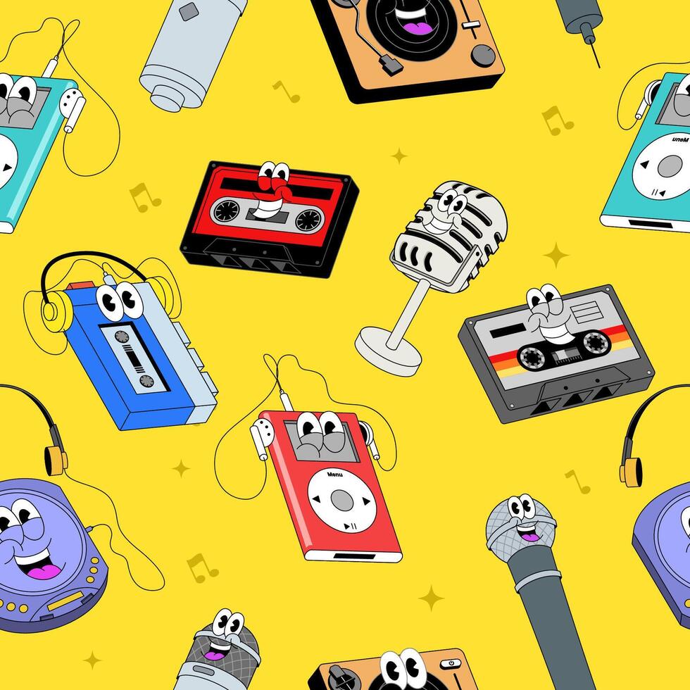 Seamless Pattern of Music Cartoon in Retro Style vector